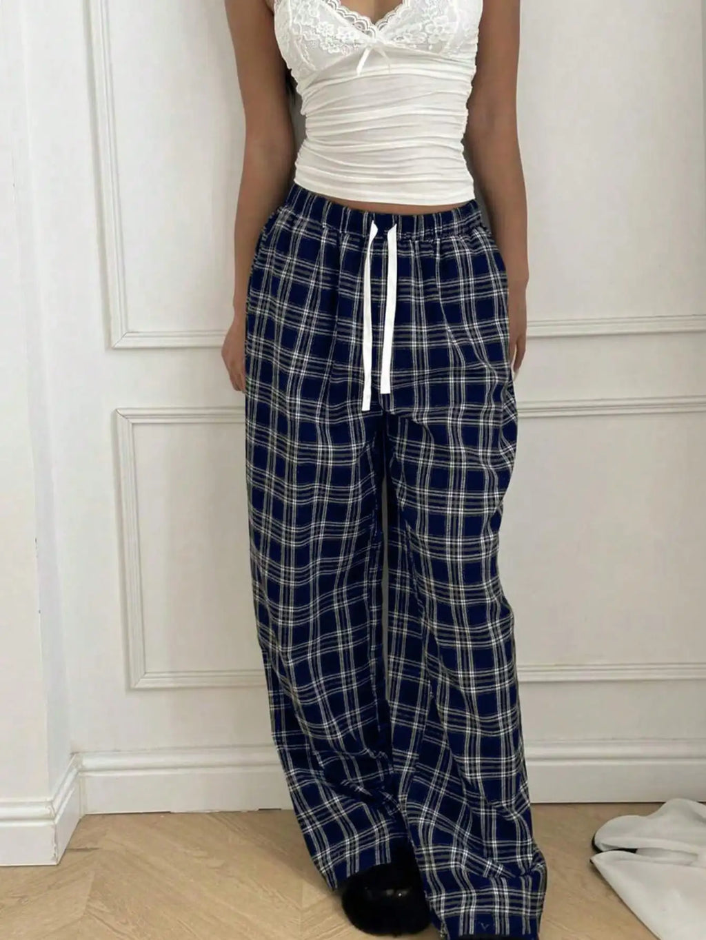 Plaid Pants for Women, High Waist Drawstring Wide Leg Trousers, Casual Streetwear Lounge Pants