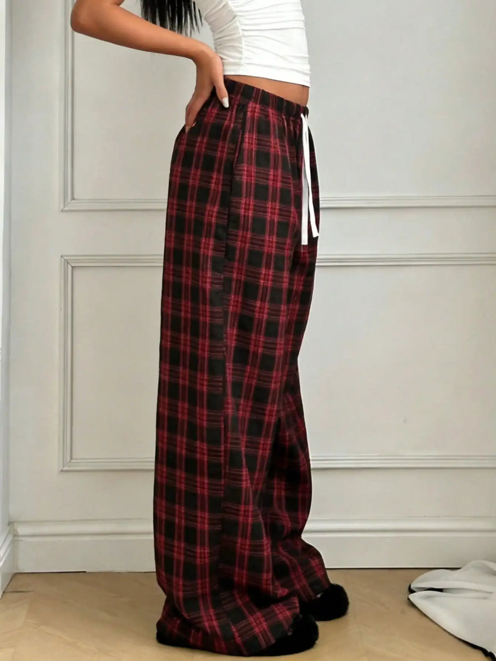 Plaid Pants for Women, High Waist Drawstring Wide Leg Trousers, Casual Streetwear Lounge Pants