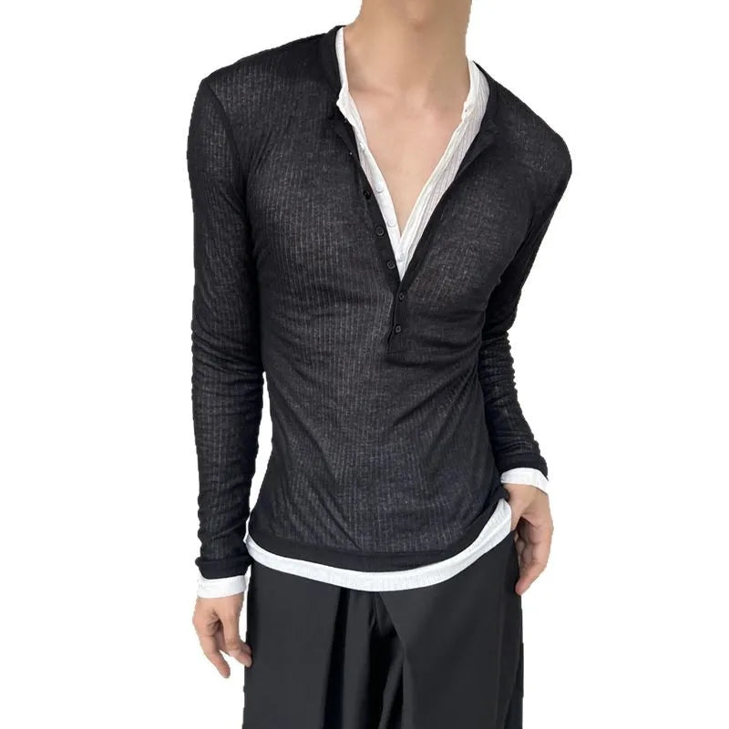 Long-sleeved T-shirt Men's Fashionable New Summer Thin See-through Elastic Deep V Bottoming Shirt Pink Slim-fitting And Thin Des